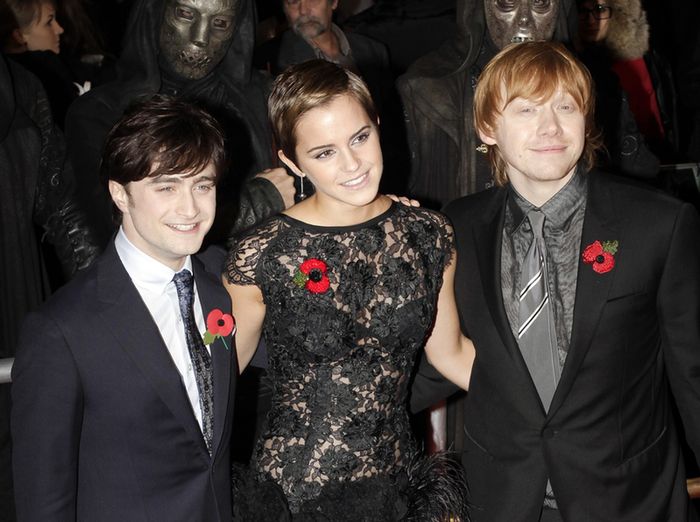 Actors Daniel Radcliffe (left), Emma Watson and Rupert Grint on the red carpet for the world premiere of the latest Harry Potter movie, 