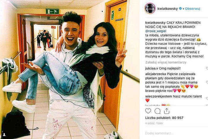 Dawid Kwiatkowski gratuluje Roksanie Węgiel wygranej na Eurowizji Junior 2018