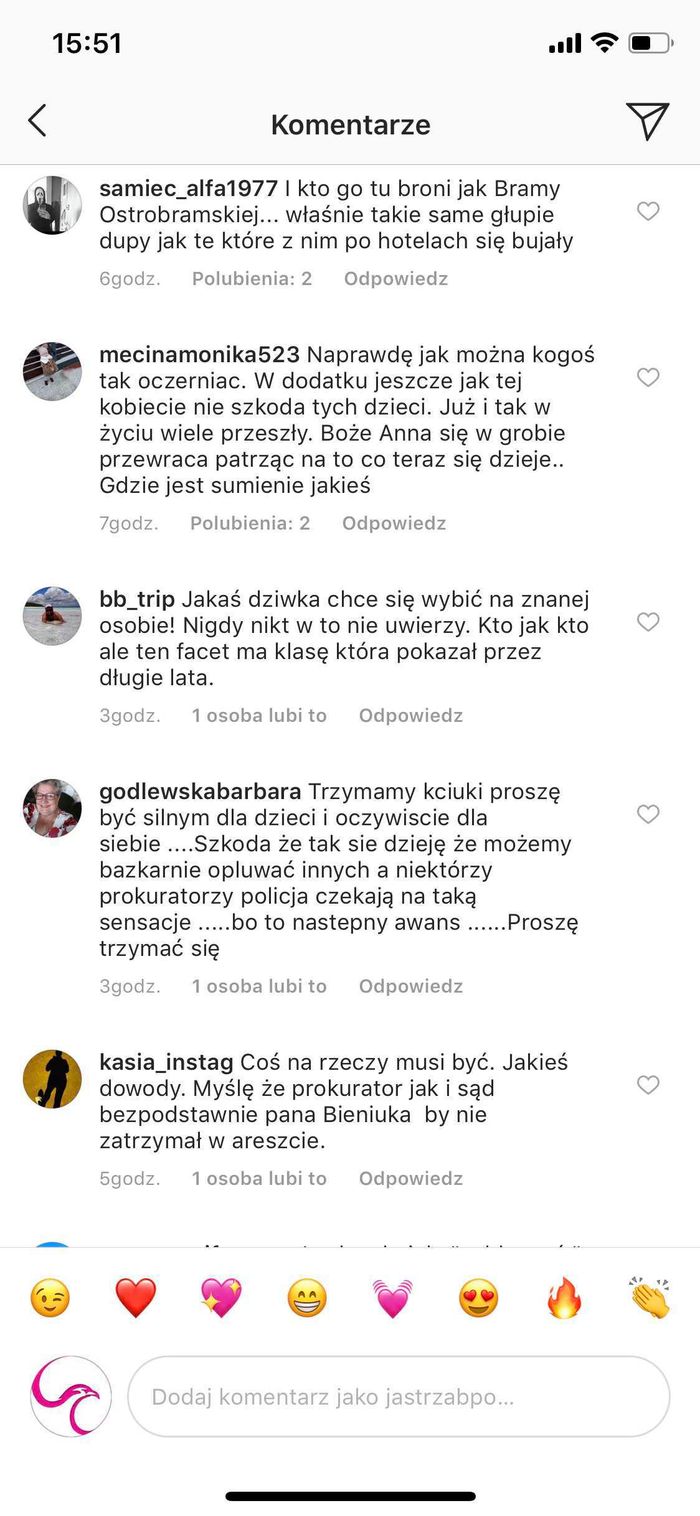 Wybrane komentarze na Instagramie Jastrząb Post nt. Jarosława Bieniuka