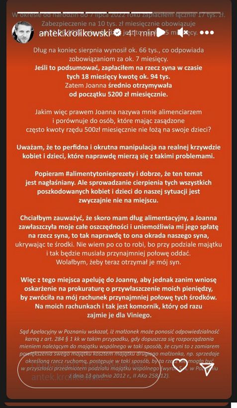 Oświadczenie Antoniego Królikowskiego w sprawie alimentów