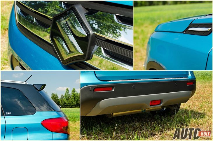 Suzuki zamiast zaawansowanej techniki postawił na swoje sprawdzone silniki i dopracował nadwozie. Jest nie tylko lekkie, ale i dopieszczone aerodynamicznie. Widać płaski znaczek Suzuki, udające wloty powietrza ozdoby i obowiązkowy dziś spojler dachowy. Tylny zderzak też ukształtowano tak w jakimś celu. Pod nim wielka puszka wydechu, która w terenie nie pomaga.