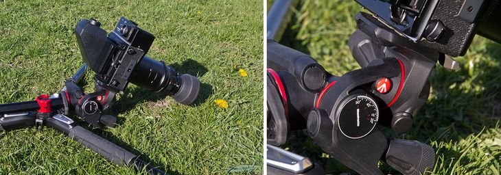Statyw w pozycji do fotografowania „kwiatków i motylków”, czyli z położoną kolumną i głowicą tuż nad ziemią. Przy tak solidnym aparacie jak na zdjęciu, kolumny lepiej nie wysuwać do przodu. Prawym zdjęciem wybiegam naprzód, do opisu możliwości głowicy. Aparat musiałem bowiem zamontować na niej tył na przód, bo do tyłu odchyla się ona tylko o 20°, a tu potrzebowałem 60°.
© Paweł Baldwin
