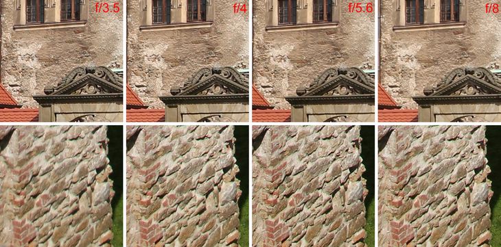 Wycinki do testu rozdzielczości dla ogniskowej 16 mm. Środek kadru na górze, brzeg na dole.
Pełna rozdzielczość