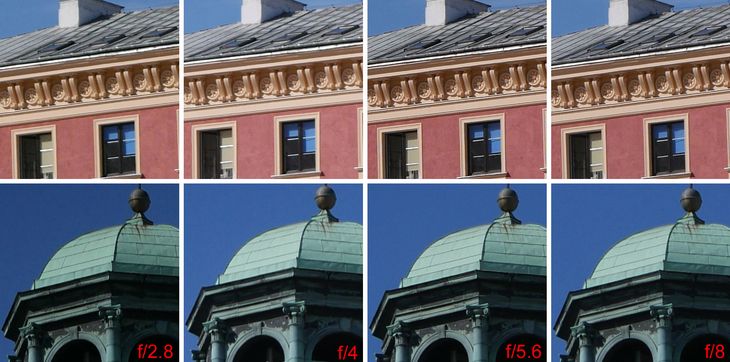 Wycinki ze zdjęć z długiego zooma, z centrum kadru (górne) i z obrzeża (dolne) dla czterech otworów przysłon i ogniskowej 35 mm.
Pełna rozdzielczość
© Paweł Baldwin