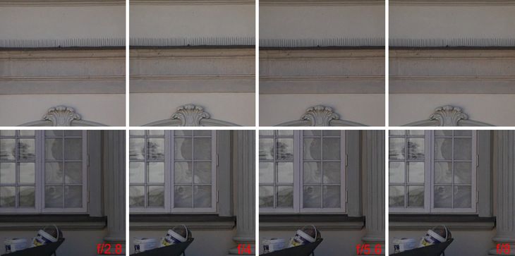 Wycinki ze zdjęć z długiego zooma, z centrum kadru (górne) i z obrzeża (dolne) dla czterech otworów przysłon i ogniskowej 60 mm.
Pełna rozdzielczość
© Paweł Baldwin