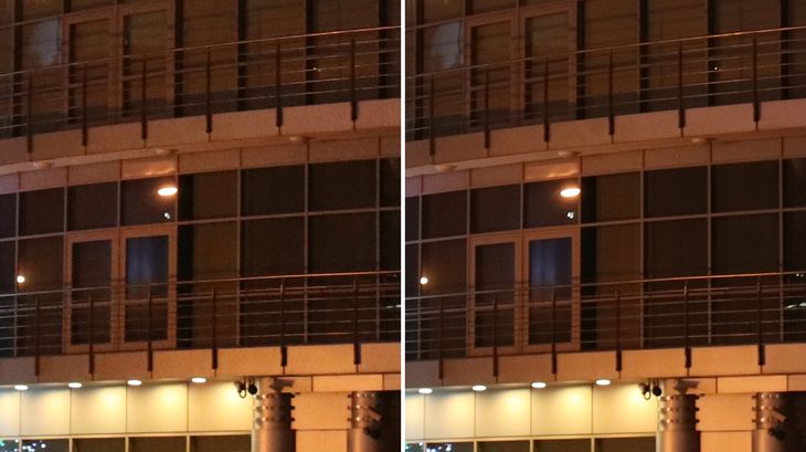 Czułość ISO 3200, lewy wycinek pochodzi ze zdjęcia wykonanego standardowo, z domyślnym poziomem odszumienia. Prawe, z użyciem wieloklatkowej redukcji szumów.
Pełna rozdzielczość