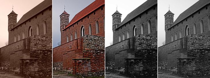 Kilka trybów barw i filtrów efektowych z zasobów RX10 II. Od lewej: sepia – nieładna, za pomarańczowa, dalej malowidło HDR (pewnie komuś się spodoba), czerń-biel z wysokim kontrastem, a po prawej czerń-biel z bogatą gradacją. Przy okazji wspomnę, że fotografując RX10 II trzeba pamiętać o asekuranckim działaniu jego sygnalizacji prześwietleń. Migające czarne plamy na podglądzie zdjęcia tak mocno walą po oczach i działają na tyle sugestywnie, że trudno odwrócić uwagę od nich na histogramy RGB. A warto, bo one pokazują ekspozycję znacznie bliżej rzeczywistej. Właśnie przy wykonywaniu tych zdjęć zasugerowałem się prześwietleniami i dla ich uniknięcia zjechałem korekcją ekspozycji aż do -1,3 EV i dopiero wtedy spostrzegłem, że garby histogramów mają po prawej sporo luzu.
© Paweł Baldwin