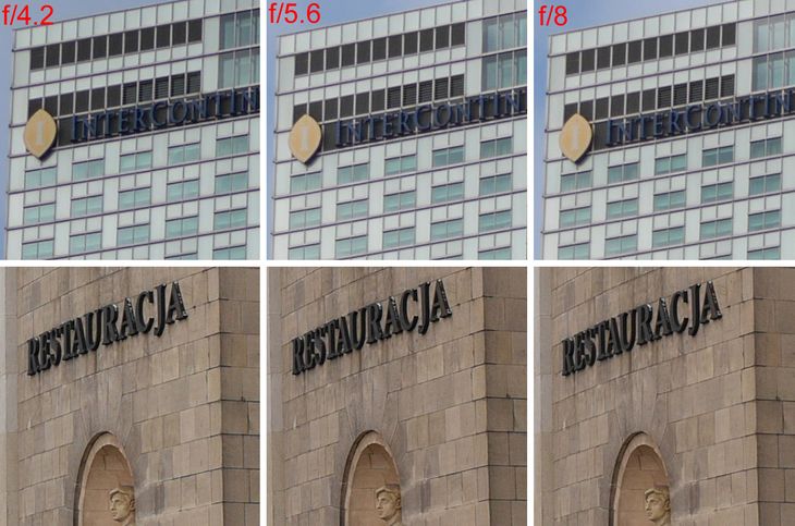 Wycinki do testu rozdzielczości krótszego zooma przy ogniskowej 18 mm. Środek kadru na dole, brzeg na górze.Pełna rozdzielczość