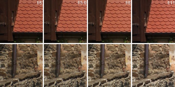 Wycinki do testu rozdzielczości dla ogniskowej 70 mm. Środek kadru na górze, brzeg na dole.
Pełna rozdzielczość