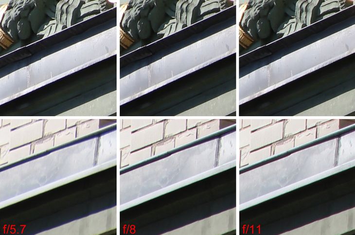 Wycinki do testu rozdzielczości dla ogniskowej 124 mm. Środek kadru na górze, brzeg na dole.
Pełna rozdzielczość