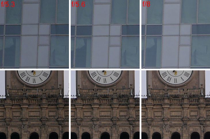 Wycinki do testu rozdzielczości telezooma przy ogniskowej 58 mm. Środek kadru na dole, brzeg na górze. Pełna rozdzielczość