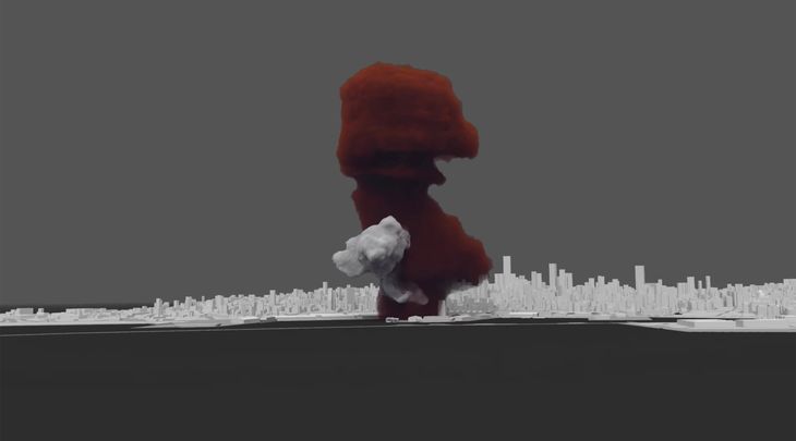 Model 3D pokazujący chmurę dymu unoszącą się z magazynu w Bejrucie.