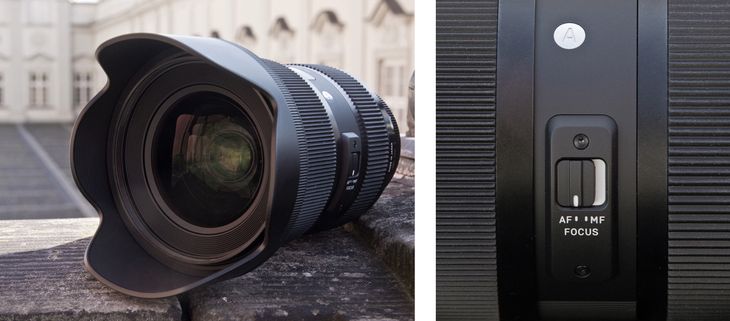Osłona przeciwsłoneczna jest raczej płytka, ale to oczywiste, skoro zoom ma w dole swego zakresu ogniskową 24 mm. Nie dziwi też duża średnica gwintu filtra. 82 mm spotykamy już w zoomach 24-70 mm f/2,8, więc tu taka wielkość jest jak najbardziej usprawiedliwiona.
Jedyny przełącznik na obudowie obiektywu, to suwaczek AF↔MF. Zgrabny i wygodny ten suwaczek. Wreszcie, bo Sigmie przez wiele lat jakoś te przełączniki nie wychodziły.
© Paweł Baldwin