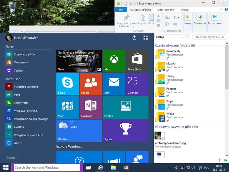 Nowe Menu Start. W tle odświeżony Eksplorator