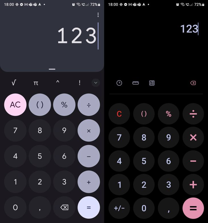 Google and Samsung calculators use the Material You interface differently