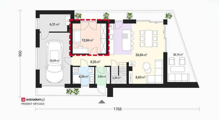Nasza Stodoła S powiększona KRY1004 rzut parteru z gabinetem