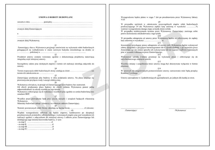 wzór umowy o roboty budowlane