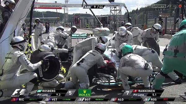 Pechowy pit stop Rosberga. Niemiec wyjechał za Raikkonenem / fot. Twitter @ SkySportsF1