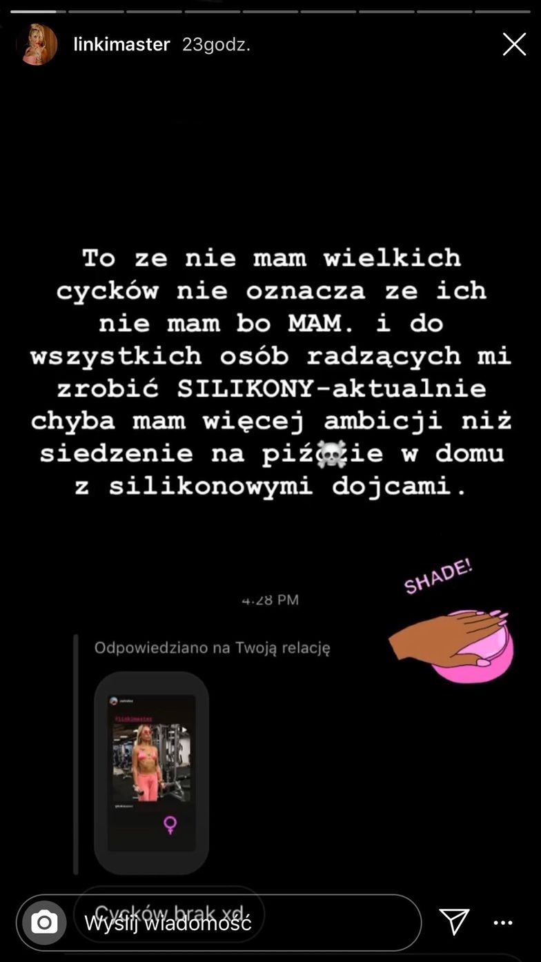 Marta Linkiewicz odpowiada nalegającym na jej operację biustu: "Mam więcej ambicji niż siedzenie na pi*dzie w domu z silikonowymi dojcami"