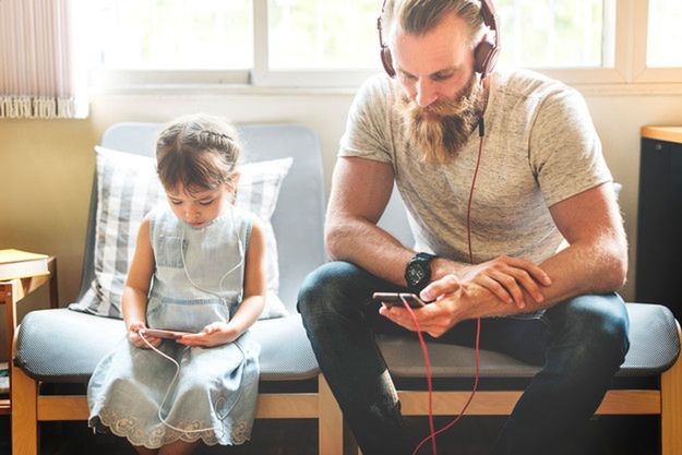 Family Father Daughter Love Parenting Listening Music Togetherness Concept