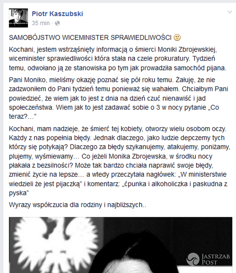 Piotr Kaszubski o śmierci wiceminister Monice Zbrojewskiej