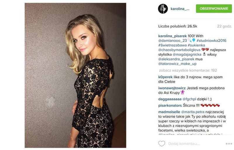 Karolina Pisarek w sukience Chaos by Marta Boliglova na studniówce (fot. Instagram)