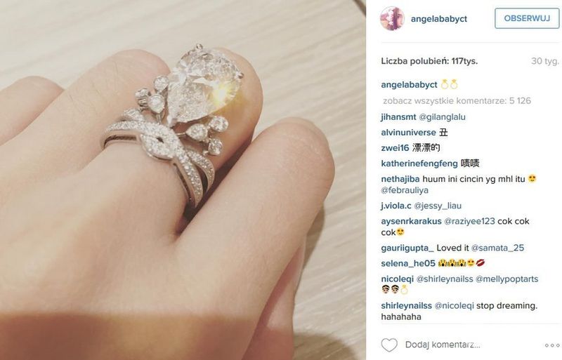 Pierścionek zaręczynowy Angelababy (fot. Instagram)