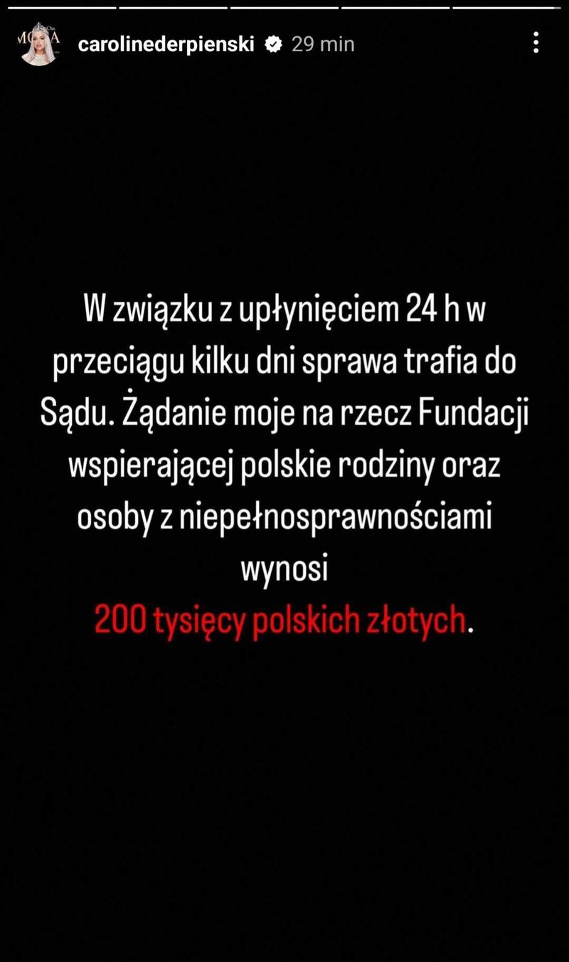 Caroline Derpieński żąda odszkodowania