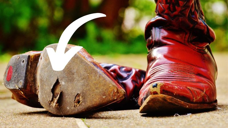 kowbojekie buty - jeden leży z dziurą w podeszwie, drugi stoi i ma starty nosek