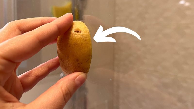 ręka pocierająca ziemniakiem szybę pod prysznicem