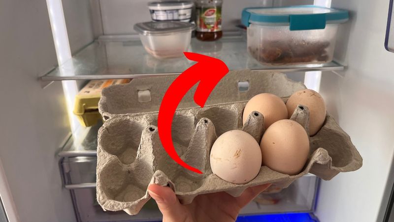 ręka trzymająca opakowanie jajek na tle otwartej lodówki