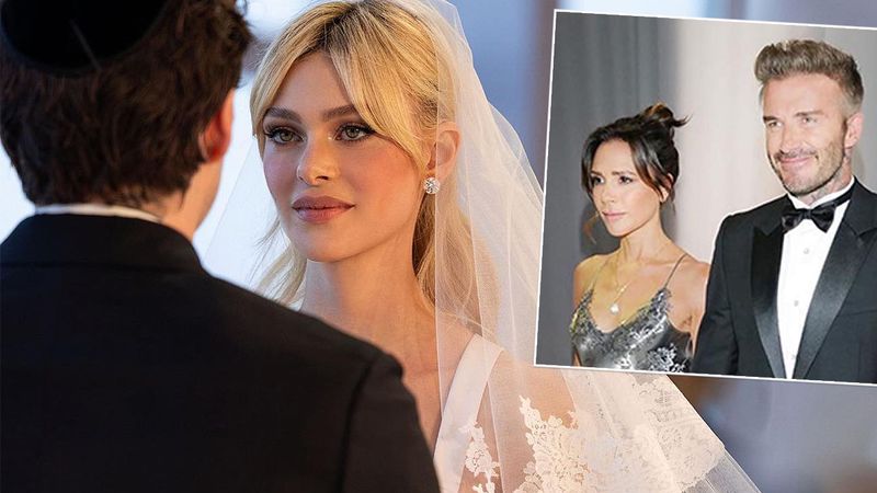 Dopiero na tych zdjęciach widać, jak piękna była srebrna suknia Victorii Beckham ze ślubu jej syna. A David? Jak wino…