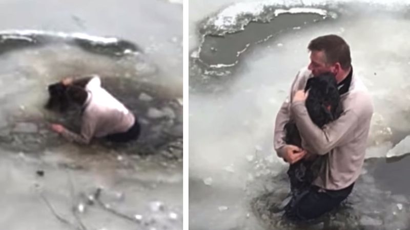 Wskoczył do lodowatej wody, aby uratować uwięzionego pieska. Zrobił to bez zawahania