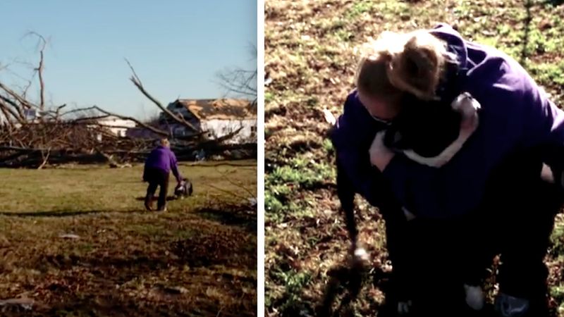 Po przejściu straszliwego tornado, kobieta odnajduje w stertach gruzu swojego ukochanego psa