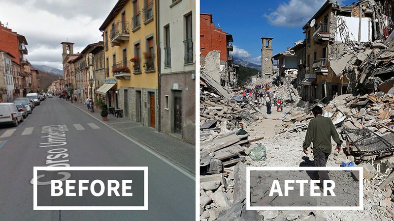 15 zdjęć przed i po trzęsieniach Ziemi we Włoszech. Wstrząsające widoki doprowadzają do łez!