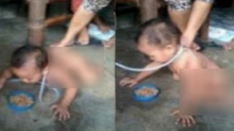 Matka wokół szyi zawiązała dziecku smycz i kazała jeść z podłogi. Zdjęcia umieściła w sieci