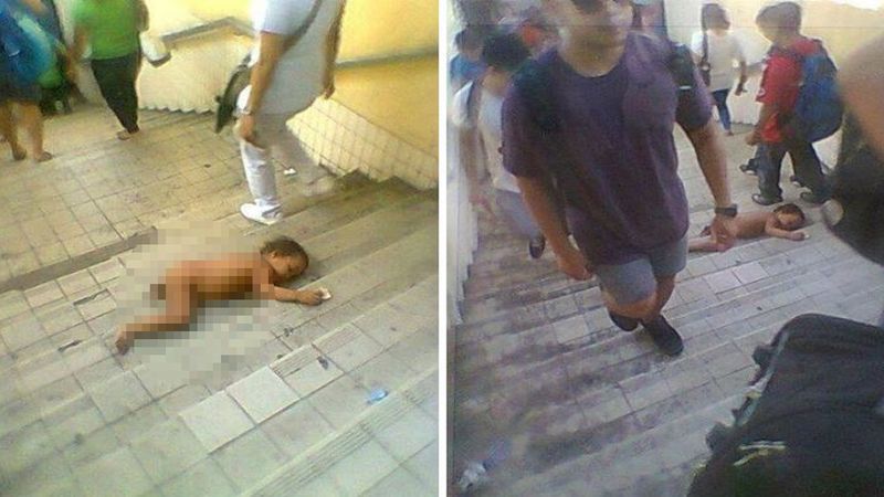 Nagie dziecko leżało na zatłoczonych schodach. Nikt nie schylił się, aby sprawdzić czy żyje