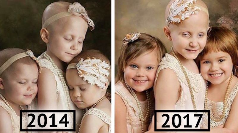 Trzy dziewczynki walczące z rakiem co roku pozują do zdjęcia. Fotografia z 2018 chwyta za serce