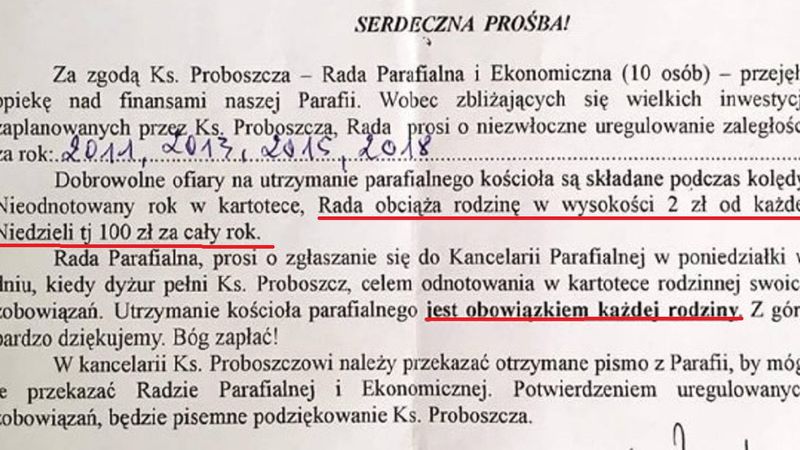 Proboszcz z Bydgoszczy domaga się „dobrowolnej” ofiary w wysokości 400 zł od emerytki