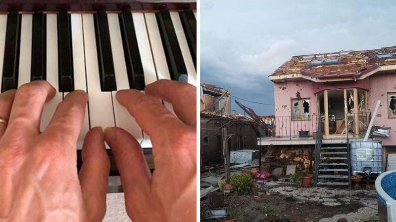 Gra na pianinie przed ruinami swojego domu. To jedyne co mu zostało!