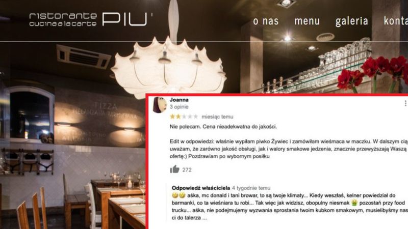 Restauracja PIU i zachowanie właściciela. „Musielibyśmy nasr*ć ci do talerza”