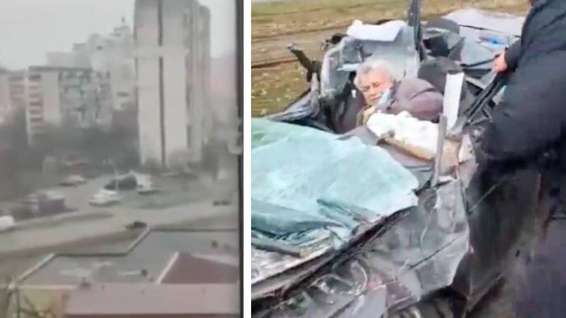 Czołg miażdży cywilny samochód na Ukrainie