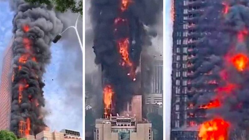 Płonący wieżowiec w Chinach