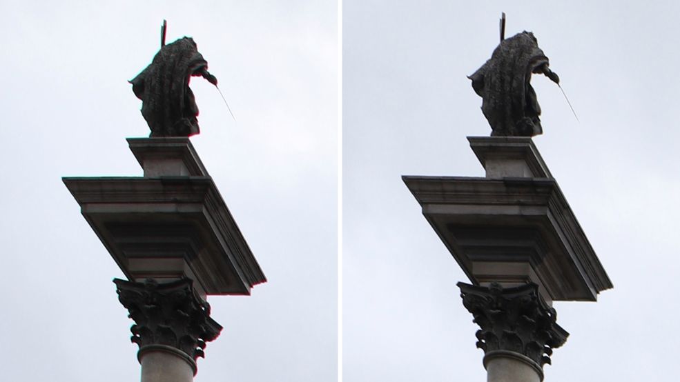 Lewy wycinek pochodzi ze zdjęcia wykonanego bez włączonego usuwania AC, prawy z włączonym. Jaśniejsze niebo na lewym to wyłącznie sprawka chmur i wiatru.
Pełna rozdzielczość