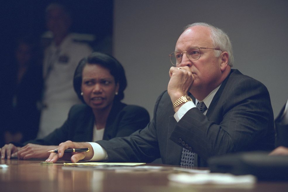 Wiceprezydent Dick Cheney i Sekretarz Stanu Condoleezza Rice w PEOC (President's Emergency Operations Center)