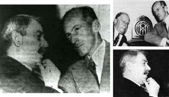 1950 rok Tydings (po prawej) rozmawia z Earlem Browderem (po lewej), liderem Amerykańskiej Partii Komunistycznej. Zdjęcie miało pokazać, że Tydings ma komunistyczne sympatie.