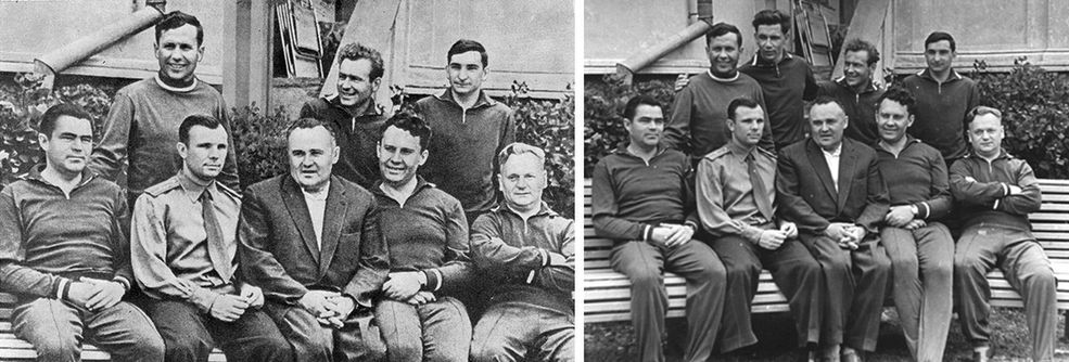 1961 rok Grupa kosmonautów pod kierownictwem Yuri Gagarina. Z pierwszego zdjęcia wymazano Grigoriy Nelyubova, który został usuniętu z ekipy za niesubordynację.