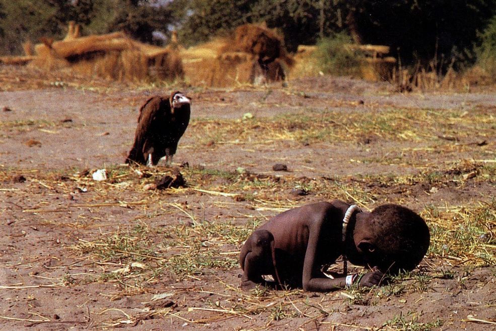 1994 r. Zdjęcie Kevina Cartera, freelancera, którego praca została opublikowana po raz pierwszy w The New York Times. Obraz pokazuje małą głodną dziewczynkę z Sudanu, która upadła w drodze do centrum karmienia. W tle widzimy sępa, czekającego na ofiarę...