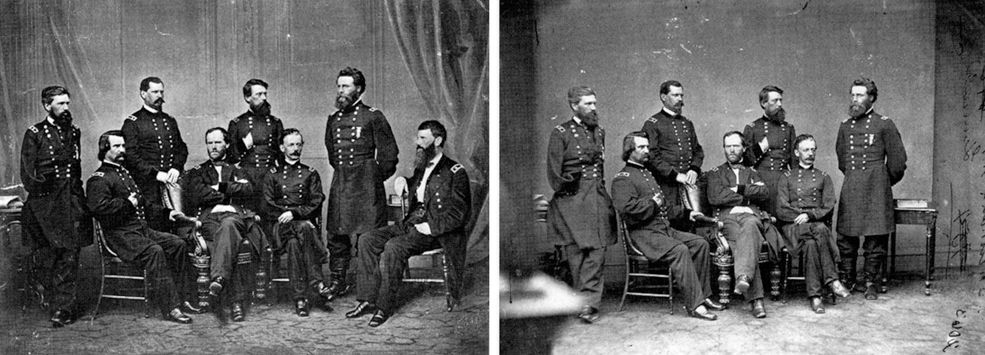 1865 rok Fotograf Mathew Brady uwiecznił tu generała Shermana, który pozuje wraz ze swoimi ludźmi. Generała Francisa P. Blaira na oryginale nie było (siedzi na krześle po prawej).