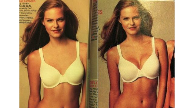 7 Dwa identyczne zdjęcia na stronach obok siebie, ta sama modelka i bielizna. Różne piersi... Co ciekawe, w rzeczywistości Jessice Perez bliżej do zdjęcia z prawej, a zatem najwyraźniej twórcy reklamy dla sklepu Macy zdecydowali się pomniejszyć biust swojej modelki. Źródło:Jezebel.